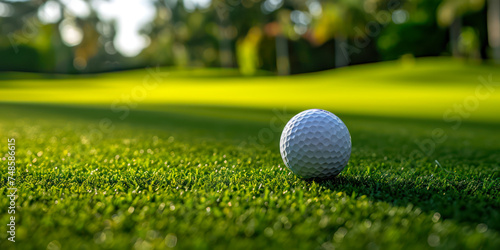 beautiful abstract luxury golf resort club, close up of golf ball on green grass lawn field, background banner for golf lawn maintenance, golf as traveling destination, golf training and coaching