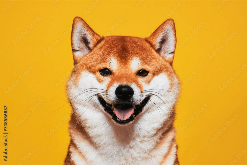 A happy Shibainu dog on a yellow and red-haired Japanese dog with a smile A happy Shibainu dog on a yellow and red-haired Japanese dog with a smile