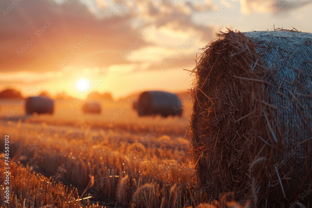 Beautiful sunset over hay bales field. Ideal for agricultural concepts - obrazy, fototapety, plakaty 
