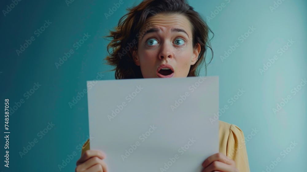 A woman holding a piece of paper with her mouth open. Suitable for business and education concepts A woman holding a piece of paper with her mouth open. Suitable for business and education concepts