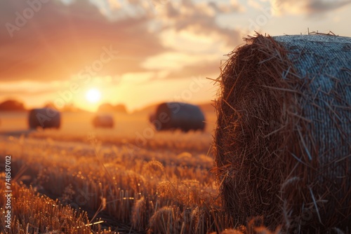 Beautiful sunset over hay bales field. Ideal for agricultural concepts photo