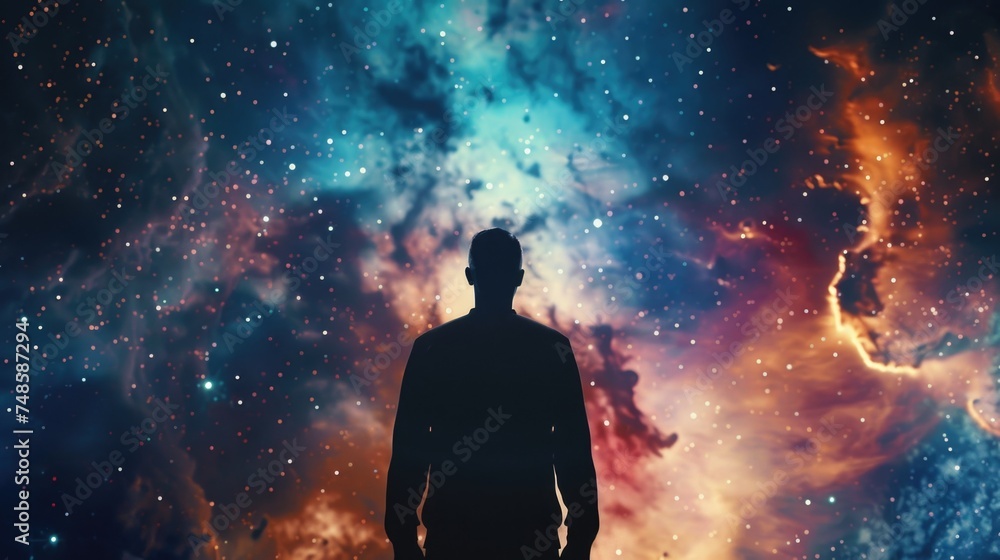 A man standing in front of a vibrant and colorful galaxy. Suitable for science fiction or space-themed projects