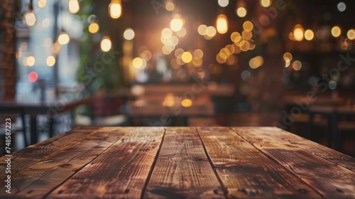 A wooden table with lights in the background. Perfect for adding a cozy atmosphere to any design project