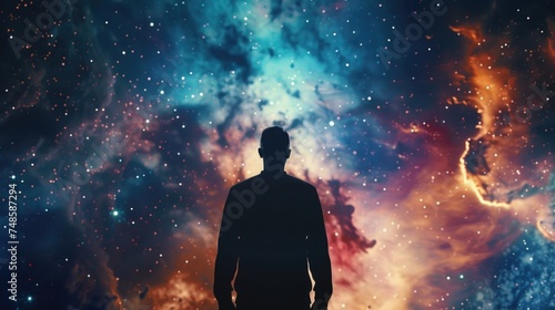 A man standing in front of a vibrant and colorful galaxy. Suitable for science fiction or space-themed projects