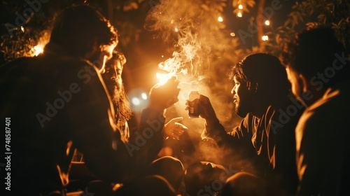 Group of individuals gathered around a warm campfire, perfect for outdoor and adventure concepts © Fotograf