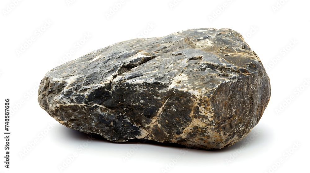 Large, dark gray rock with white and brown spots isolated on white background. The rock is angular and has a rough surface. Large, dark gray rock with white and brown spots isolated on white background. The rock is angular and has a rough surface.