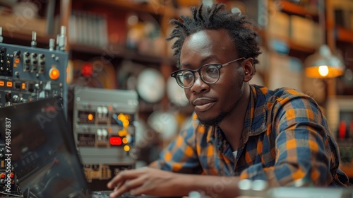 successful african electrical engineer using laptop checking machine status
