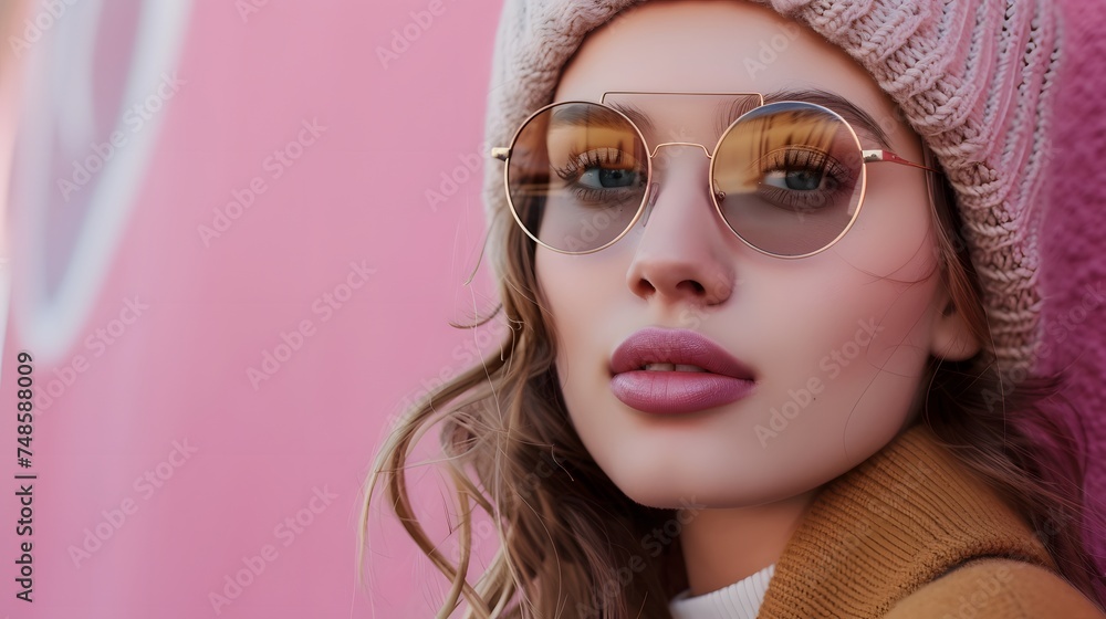 Beautiful young woman wearing a stylish winter hat and glasses poses against a pink background. Beautiful young woman wearing a stylish winter hat and glasses poses against a pink background.