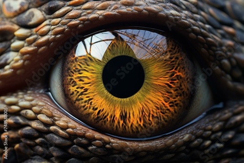 Glossy Reptilian eye closeup. Animal wildlife. Generate Ai