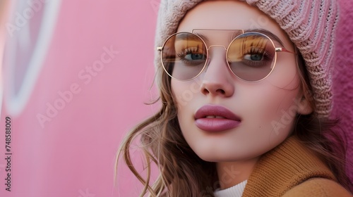 Beautiful young woman wearing a stylish winter hat and glasses poses against a pink background.