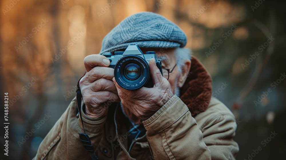 Photography Passion: A collection of images capturing an old man with his camera, showcasing his passion for photography and the unique perspectives he captures, medium shot, hobby Photography Passion: A collection of images capturing an old man with his camera, showcasing his passion for photography and the unique perspectives he captures, medium shot, hobby