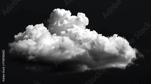 A grayscale image of a single cloud against a black background. The cloud is fluffy and has a lot of texture. It is well-lit and has a high contrast.