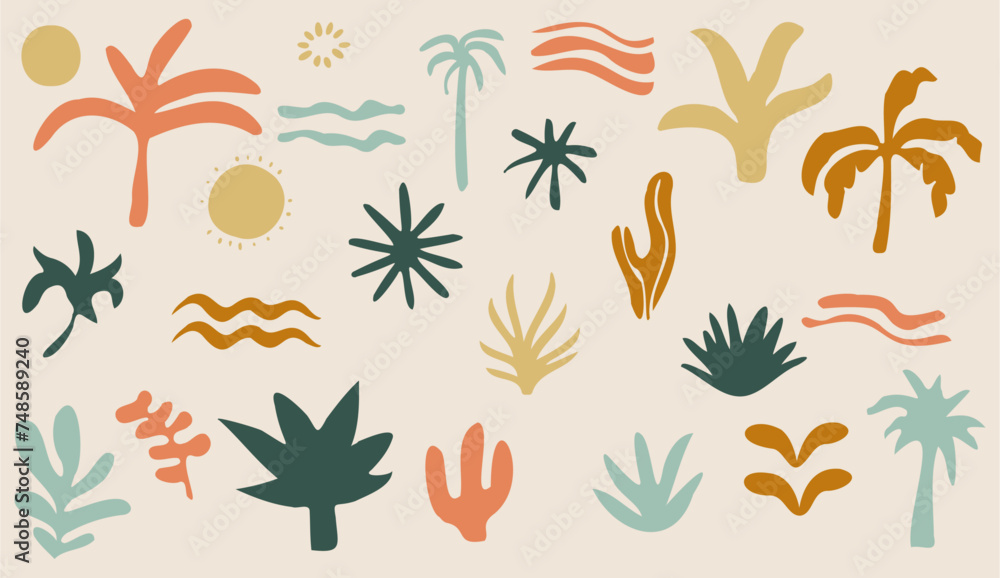 groovy elements beach. coconut tree palm, beach ocean, sun, bush, cactus doodle set vector isolated. - obrazy, fototapety, plakaty 