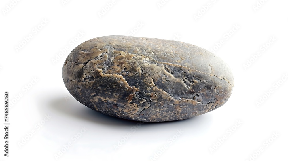 A smooth, oval-shaped stone with a rough, textured surface. It is gray in color with some brown and black spots.