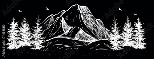 mountains and fir trees on a sulfur background vector sketch photo