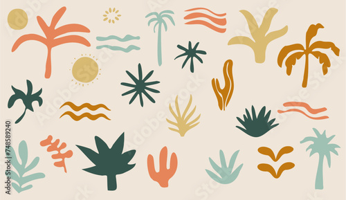 groovy elements beach. coconut tree palm, beach ocean, sun, bush, cactus doodle set vector isolated. photo