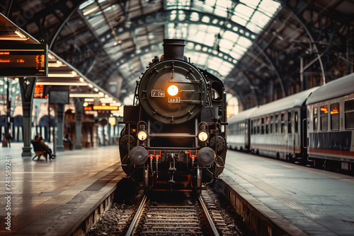 Old historic train station, Vintage steam locomotive, Architectural details in the background, Nostalgic and timeless mood photo