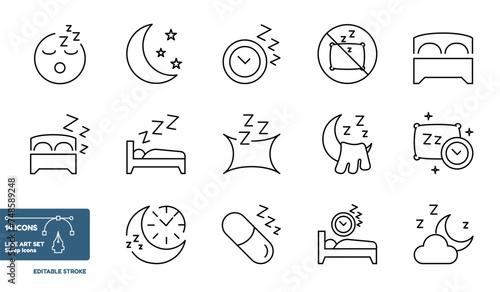 Line Art Collection Sleep Icons Set - Vector Illustrations Isolated On White Background photo