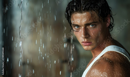 A young muscular male model with water droplets visible on his skin photo