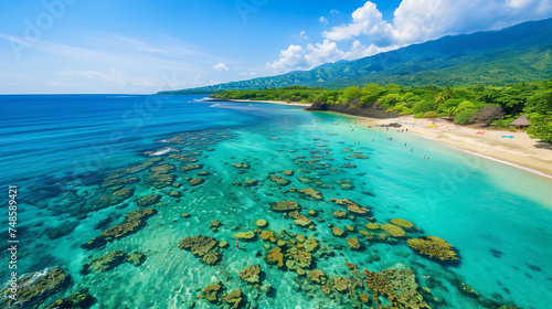 Tropical beach with a vibrant coral reef visible from above, Snorkeling paradise, Rich marine life