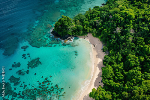 Aerial view of a tropical beach, Crystal clear turquoise water, White sandy shore, Lush greenery surrounding the beach, Peaceful and pristine environment