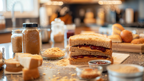 Making of a peanut butter and jelly sandwich, ingredients spread out on a counter, process and preparation, family kitchen scene