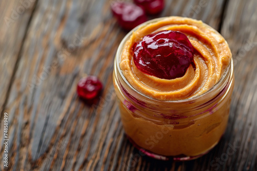 Homemade peanut butter and jelly swirled in a jar, concept of blending flavors, creative and delicious, natural light photo