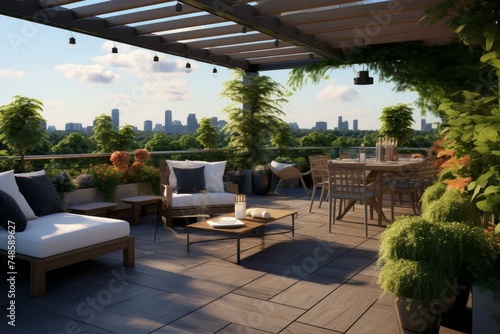 Landscaped Residential terrace. Outside garden modern. Generate Ai