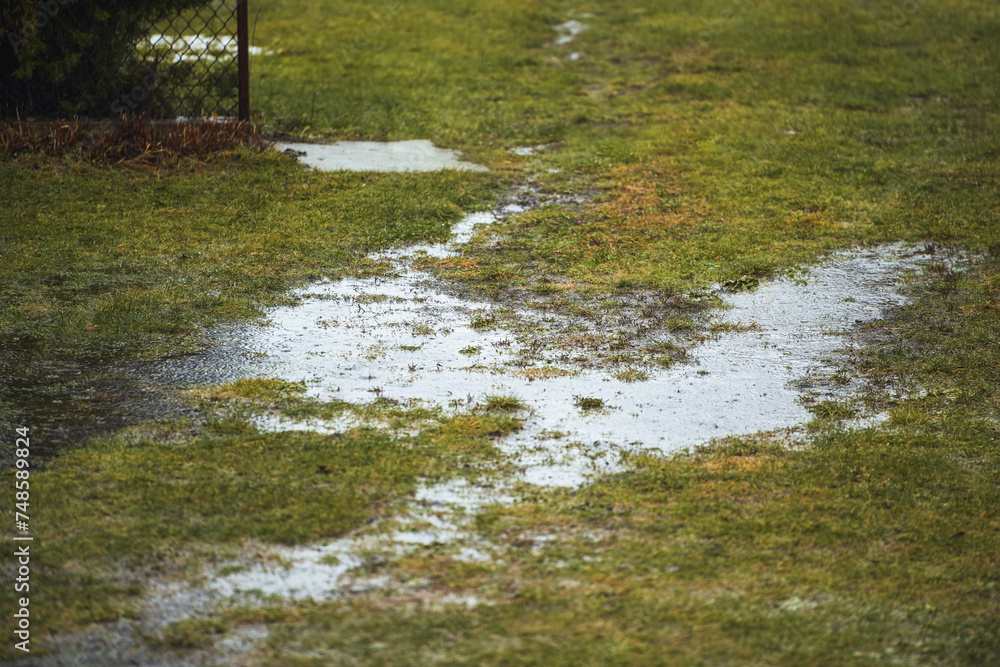 Fototapeta premium standing water and hydrophobic soil can cause erosion and water damage in yard and agriculture fields
