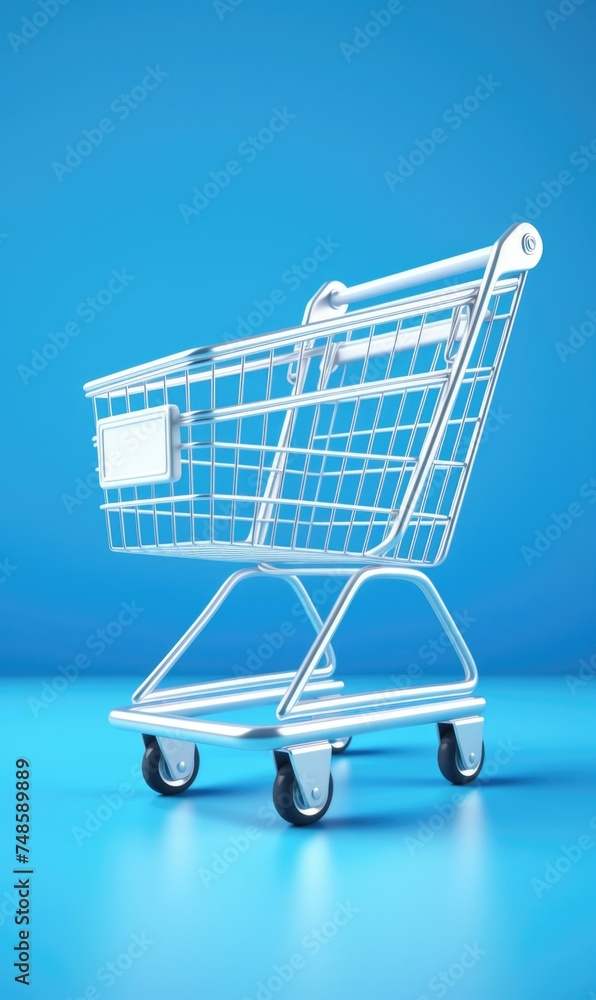 3d rendering of a shopping cart on blue background. Generative AI. 3d rendering of a shopping cart on blue background. Generative AI.