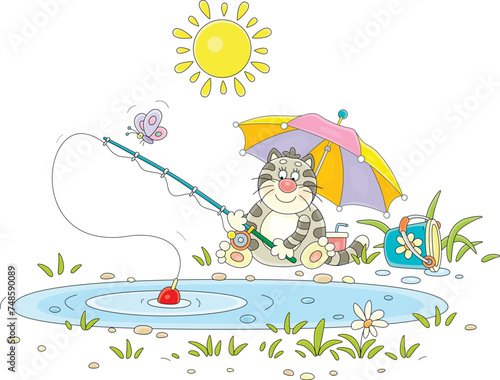 Fototapeta Naklejka Na Ścianę i Meble -  Funny fat cat fisherman sitting under its umbrella with a fishing-rod and catching fish in a pretty small lake on a sunny summer day in countryside, vector cartoon illustration on white