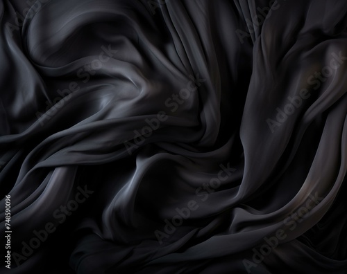 Black silk fabric background with waves. Generative AI.