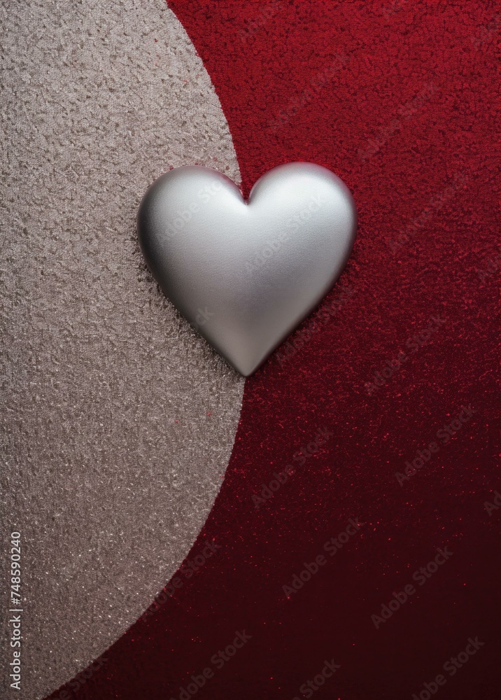 A silver heart on a red and white background. Generative AI.