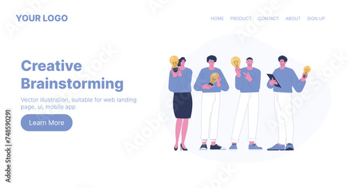 Creative Brainstorming. Web Landing Page Design. Flat Cartoon Vector Illustration. Vector illustration, suitable for web landing page, ui, mobile app.