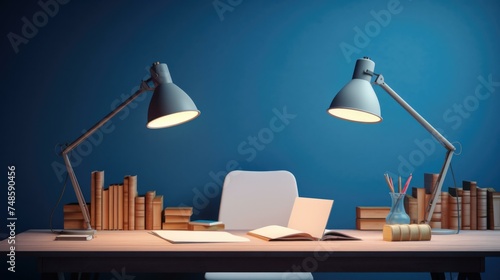 A desk with two lamps and books on it. Generative AI. photo