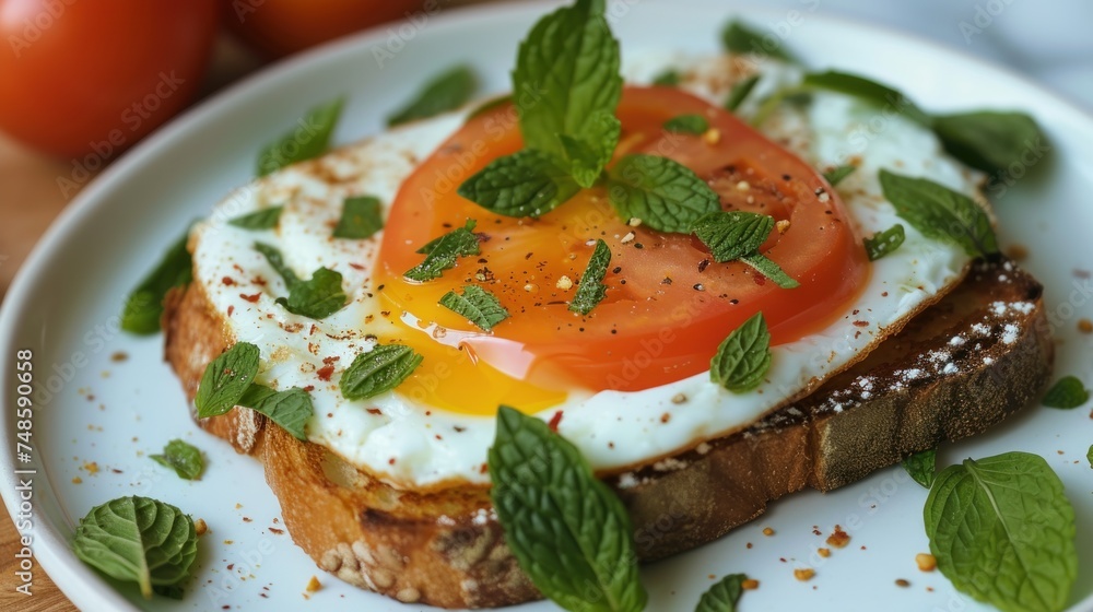 a close up of a plate of food with a tomato and an egg on top of bread with basil leaves.