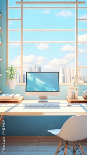 A computer desk in front of a window with a view of the city. Generative AI.