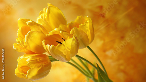 Beautiful yellow tulips on a yellow background.