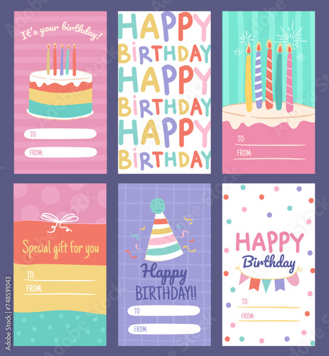 Set of colorful happy birthday gift tags and greeting card