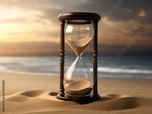 Sand trickling through a glass hourglass, marking the passage of time