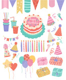 Set of happy birthday party vector illustration elements