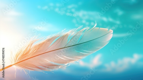 a close up of a white feather on a blue and green background with a sun in the sky in the background.