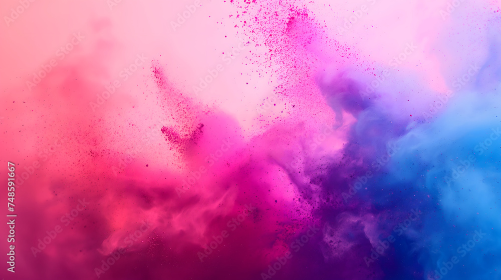 Vibrant colorful splashing powder from the lower part of image on pink background with copy space for text. Suitable for Holi festival presentations or banner design. Vibrant colorful splashing powder from the lower part of image on pink background with copy space for text. Suitable for Holi festival presentations or banner design.