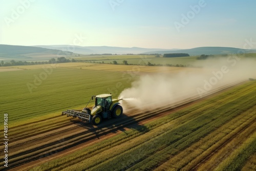 Beautiful Aerial view of a Tractor fertilizing a cultivated agricultural field.