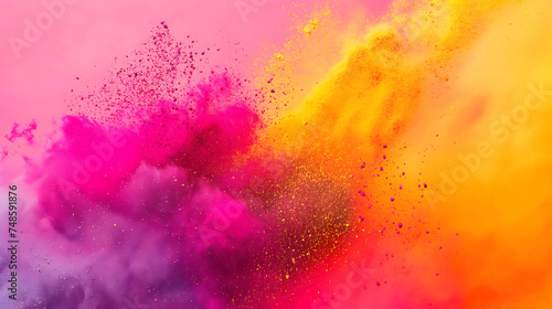 Vibrant colorful splashing powder from the left side of image on pink and orange background with copy space for text. Suitable for Holi festival presentations or banner design.