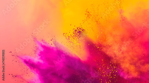 Vibrant colorful splashing powder from the right corner of image on orange background with copy space for text. Suitable for Holi festival presentations or banner design. photo