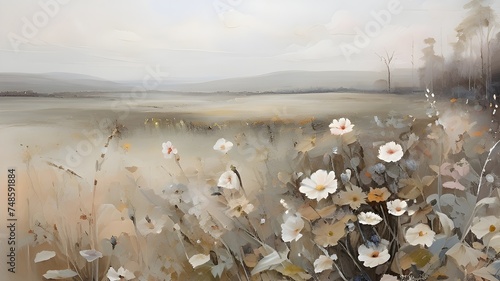 Oil Painting of Serene Meadow Landscape With Delicate Wildflowers at Dawn