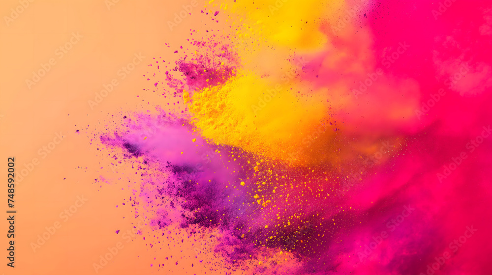 Vibrant colorful splashing powder from the right side of image on orange background with copy space for text. Suitable for Holi festival presentations or banner design.