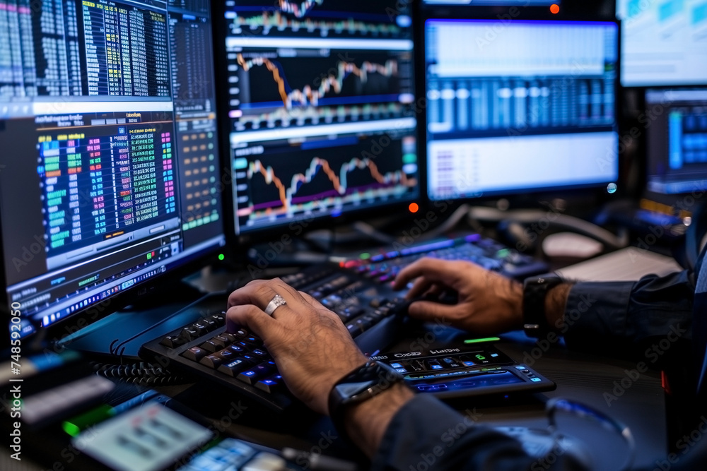 Working with real-time stocks on a computer with multiple monitors is a financial analyst. Working with real-time stocks on a computer with multiple monitors is a financial analyst.