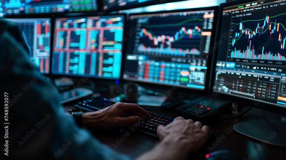 Working with real-time stocks on a computer with multiple monitors is a financial analyst. Working with real-time stocks on a computer with multiple monitors is a financial analyst.